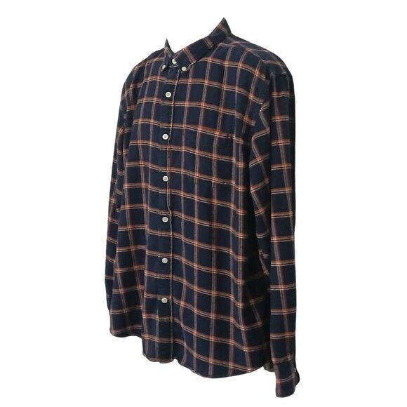 Old Navy Slim Fit Navy Blue Orange Plaid Flannel Button Up Shirt XXL 2X Pocket - Picture 2 of 7